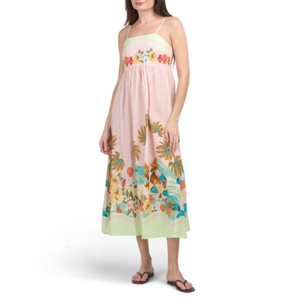 LE RAGAZZE Pale Pink Made In Italy Linen Blend Tropical Print Dress - Picture 1 of 2